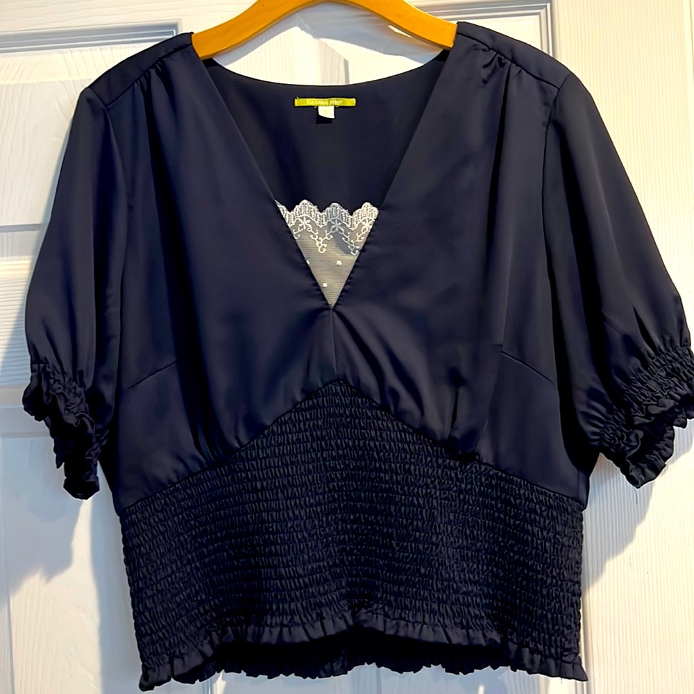 Gianni Bini Navy Smocked V-neck Blouse